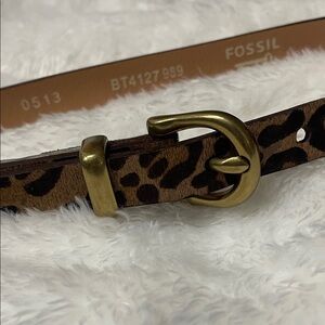 🦁NEW FOSSIL GOLD BRASS TONE BUCKLE+CHAIN LINK,HAIR CALF CHEETAH LEATHER BELT S